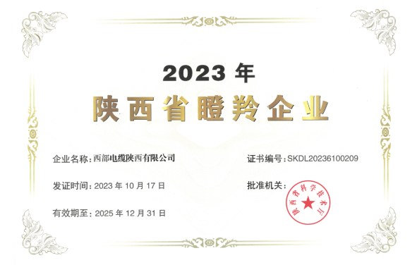 近日，陜西省科學技術(shù)廳公布了《2023年陜西省瞪羚企業(yè)》名單，西部電纜陜西有限公司喜獲殊榮，成功入選并獲得“2023年陜西省瞪羚企業(yè)”榮譽稱號。